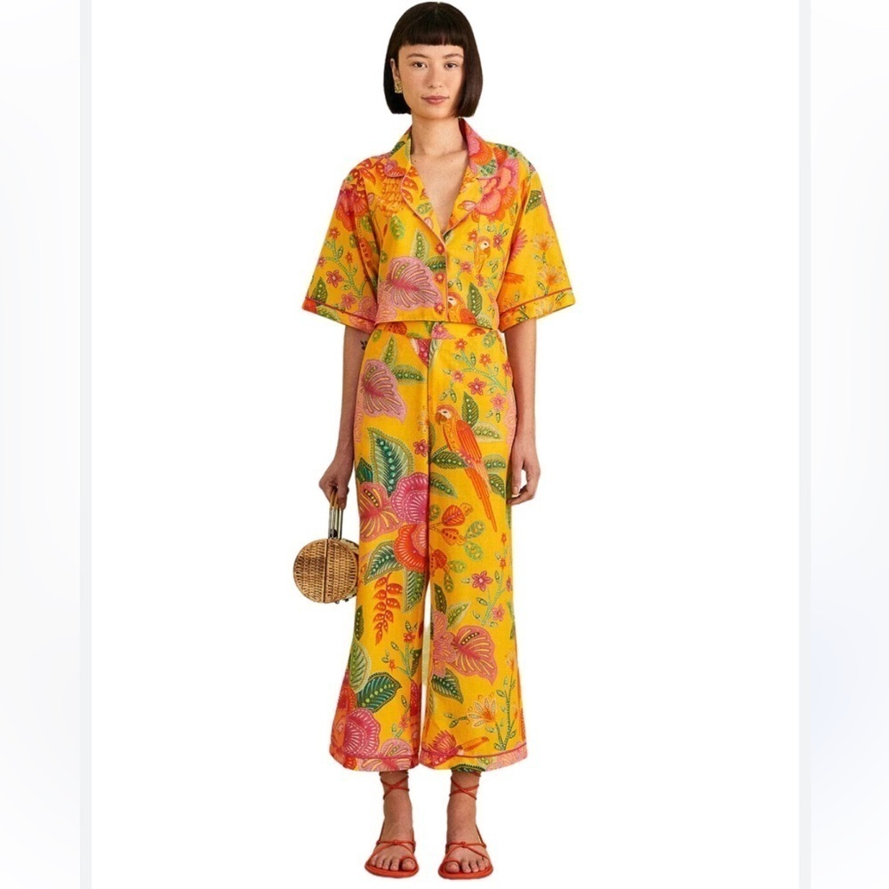 Farm Rio Macaw Bloom Matching Set Shirt Pants Yellow Pink Floral Animal Print